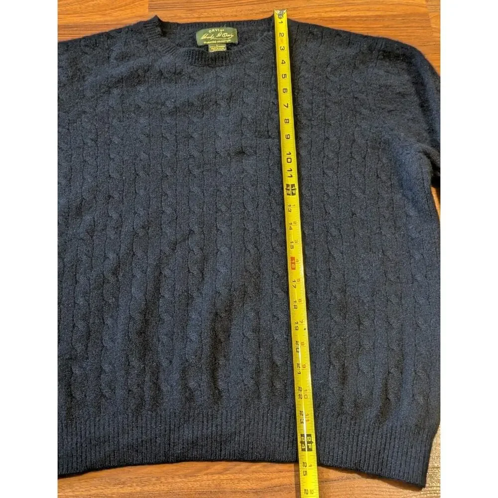 Orvis 100% Cashmere Sweater Mens L Navy Cable Knit Suede Elbow Patch Crewneck